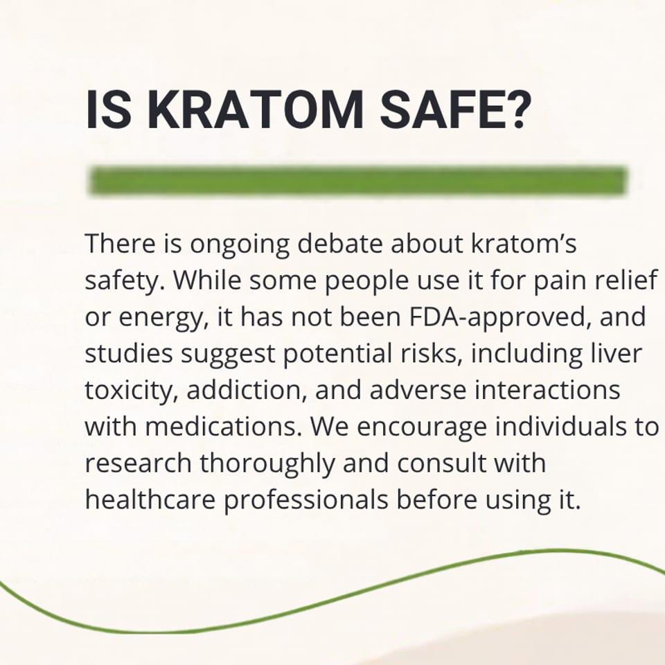 Informational graphic titled “Is Kratom Safe?” outlining potential risks, including liver toxicity, addiction, and medication interactions.