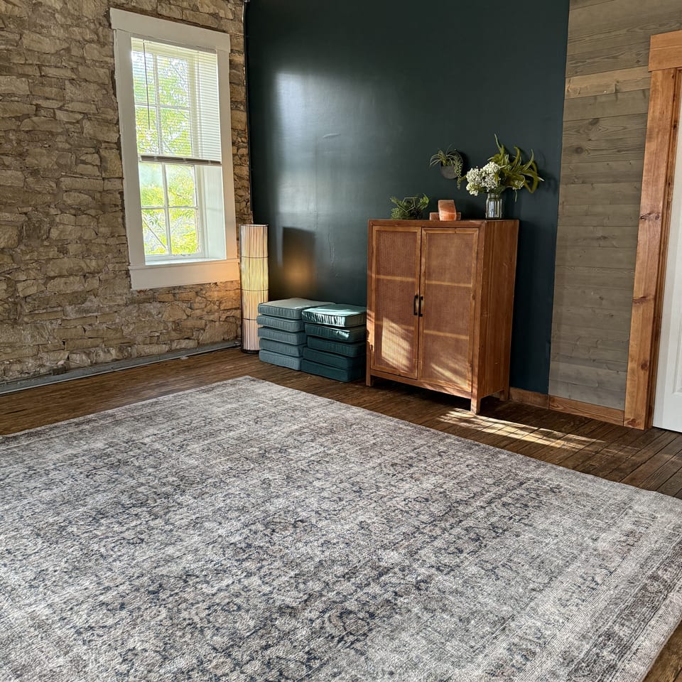 Cozy rustic dining area with stone walls, dark green accent wall, wooden cabinet, plants, blue cushions, and patterned rug.