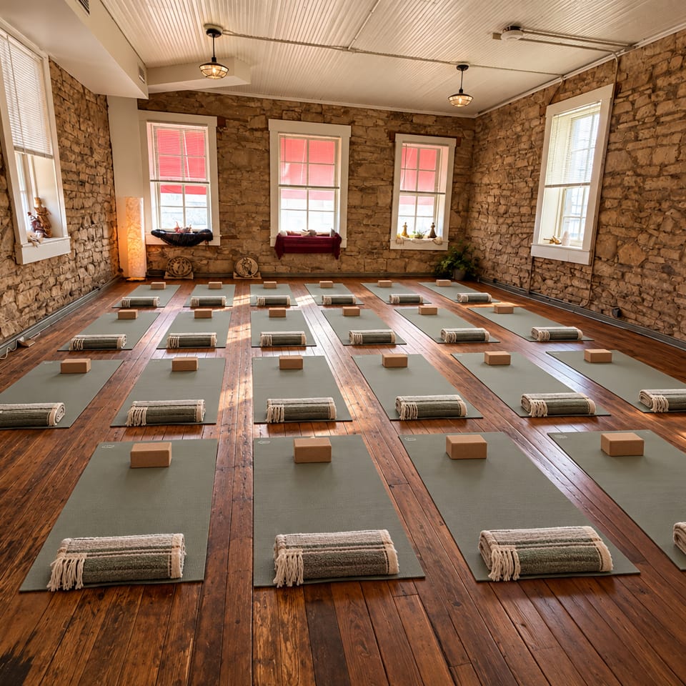 Rustic stone-walled studio with hardwood floors arranged with yoga mats, rolled blankets, and wooden blocks.
