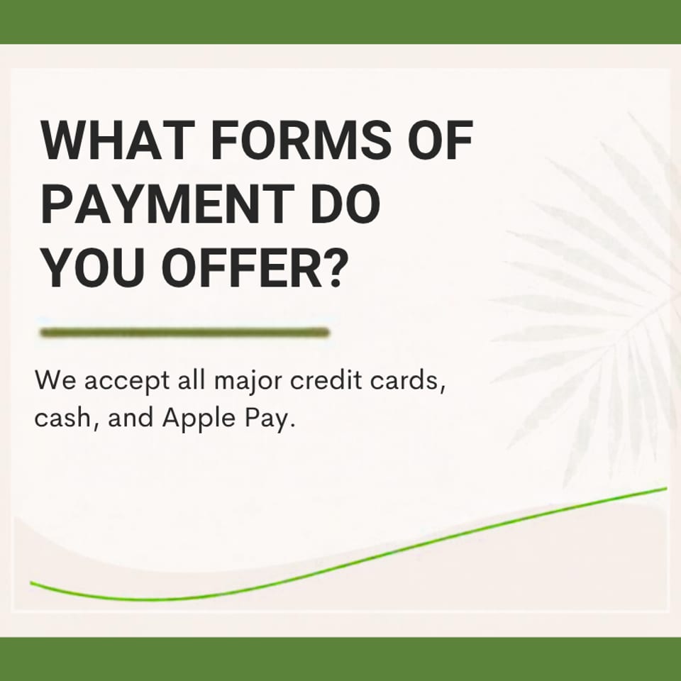 Graphic states that all major credit cards, cash, and Apple Pay are accepted.