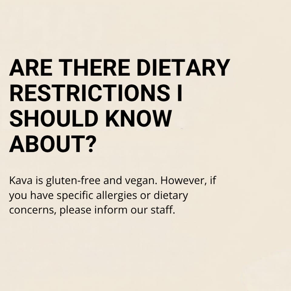 Text states that Kava is gluten-free and vegan, while advising guests to inform staff about specific allergies or dietary concerns.