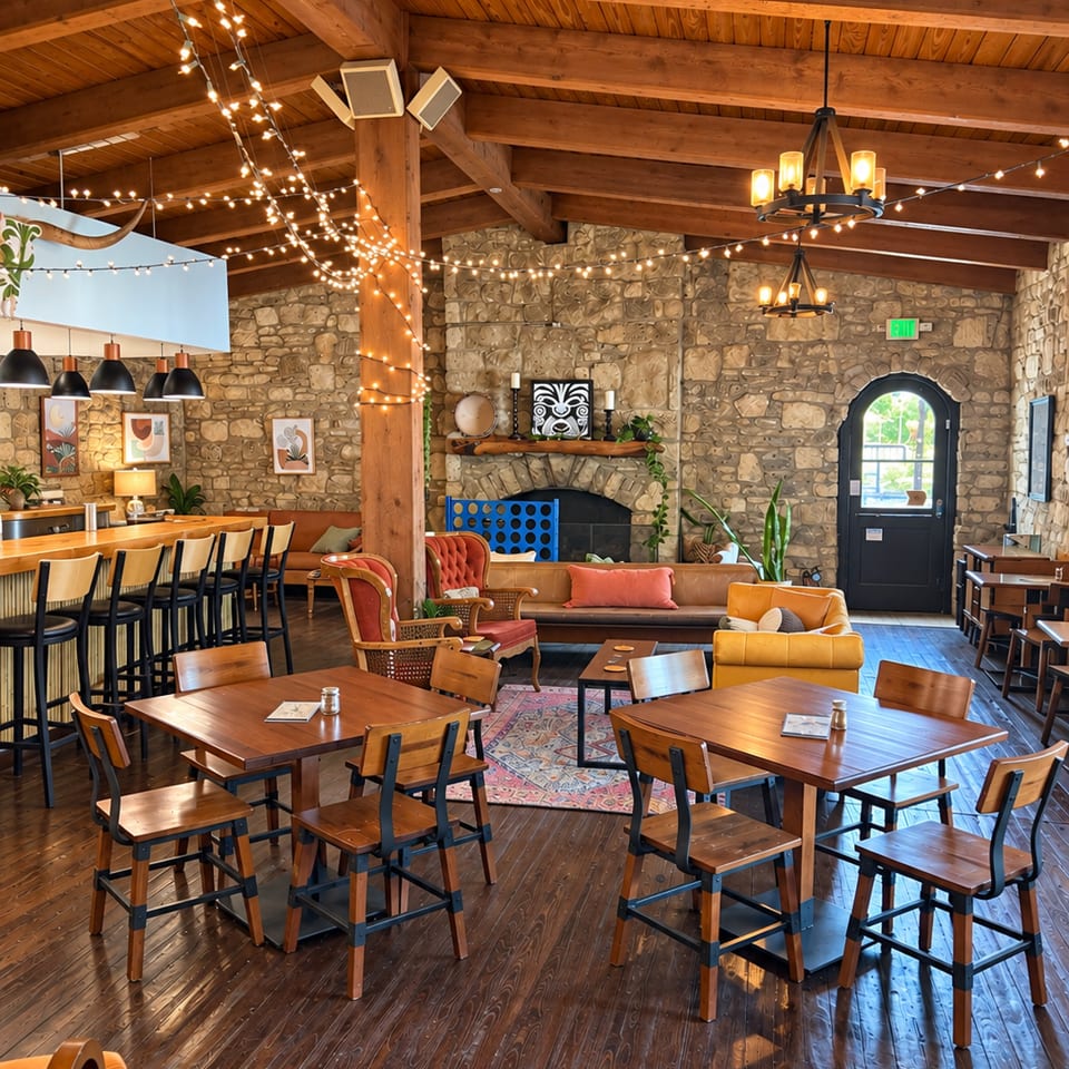 Warm rustic restaurant dining room with exposed beams, stone fireplace, string lights, wooden tables, and cozy lounge seating.