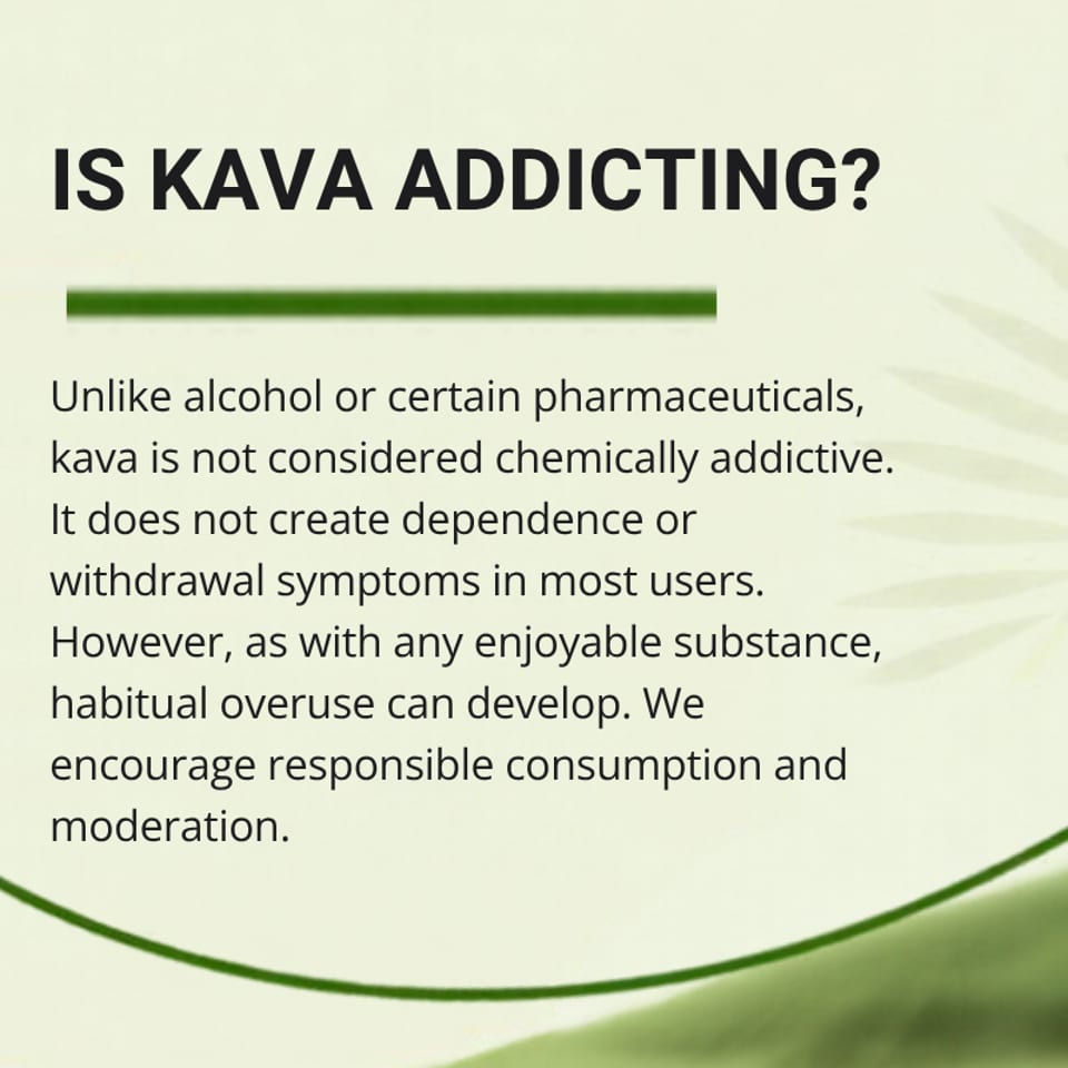 Informational graphic titled “Is Kava Addicting?” explaining kava is generally nonaddictive but encouraging responsible consumption and moderation.