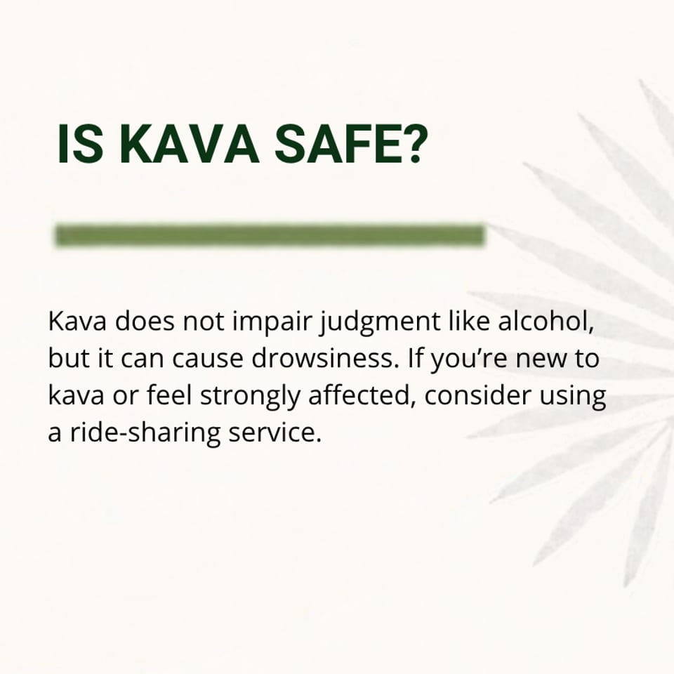 Informational graphic explains kava may cause drowsiness without impairing judgment and recommends ridesharing for sensitive users.