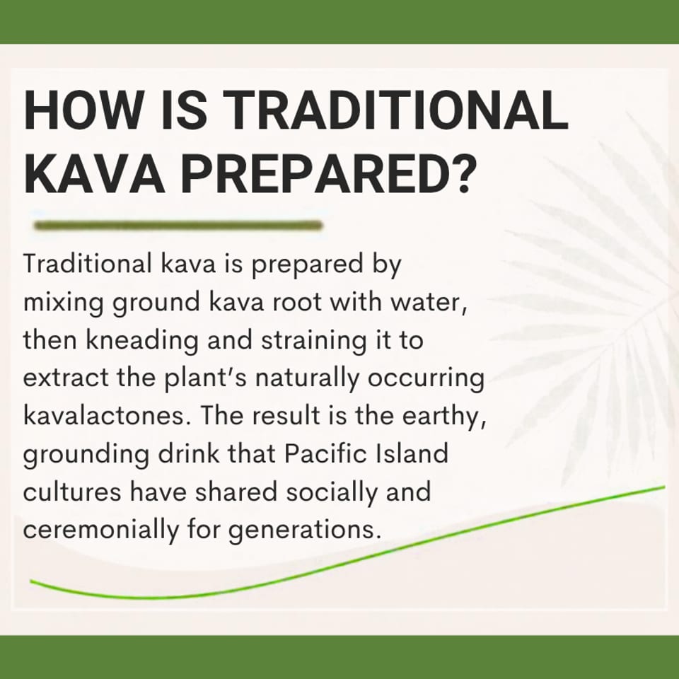 Informational graphic explaining traditional kava preparation by mixing, kneading, and straining ground kava root with water.